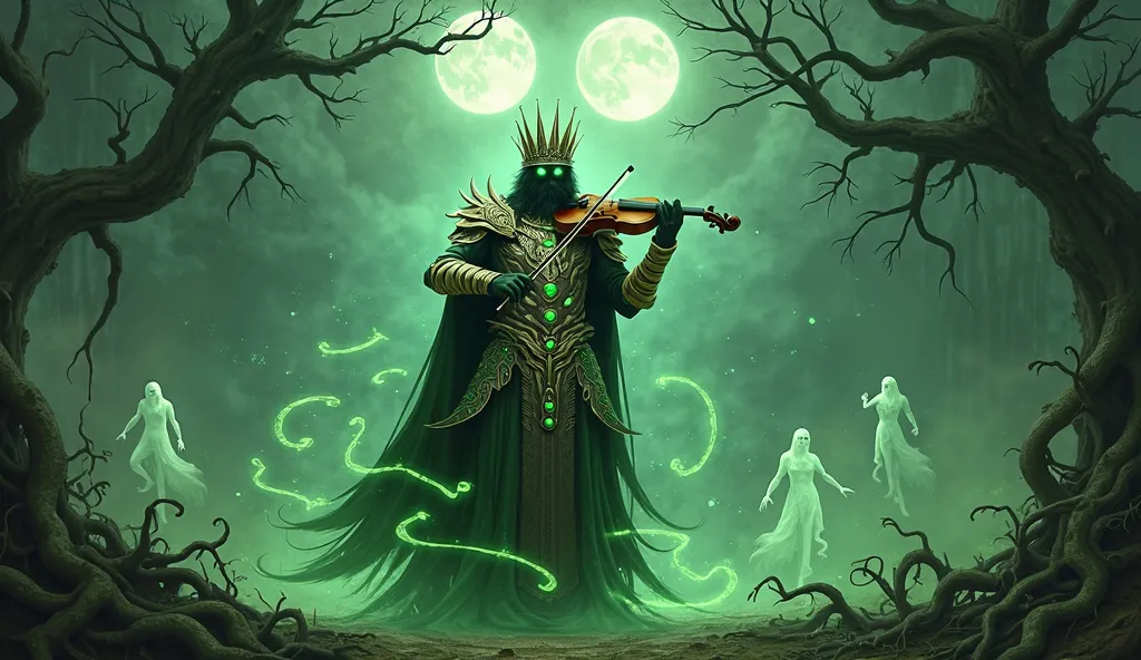 A king with armor carved from bones and green gems plays a violin made of wood from a cursed tree. His body emanates lines of green energy that float in the air like smoke, and with each note, the forest around him comes to life with roots entangling and g...