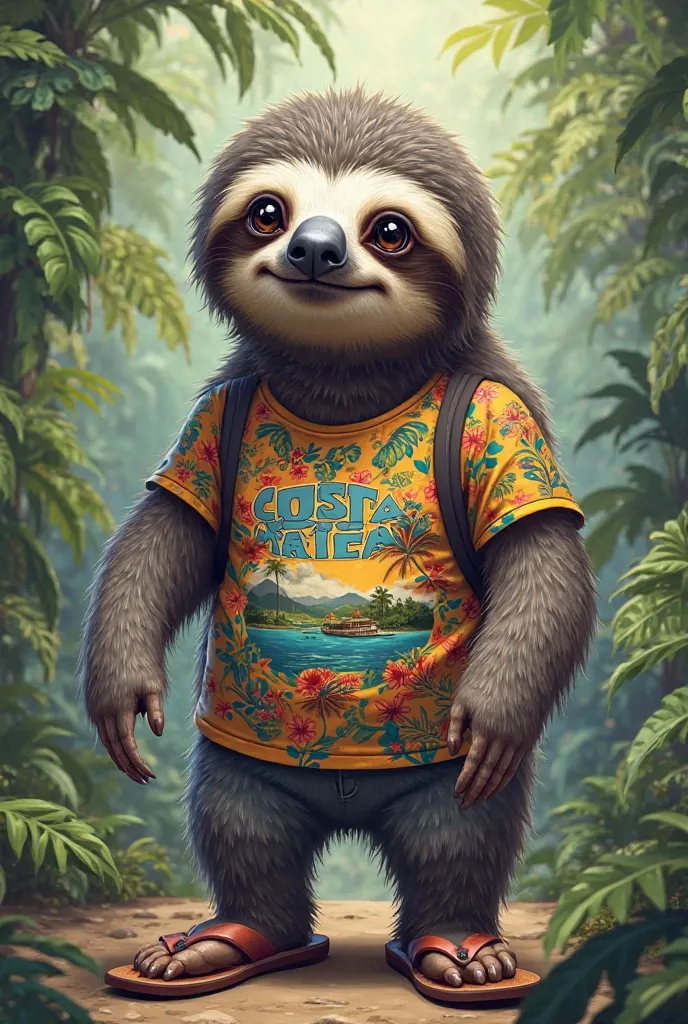 Drawing of an adult sloth too handsome wearing a Costa Rican t-shirt and flip flops to impress