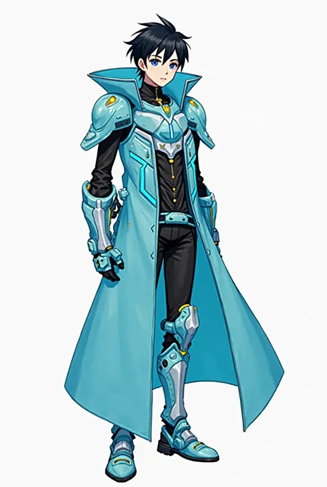 Kotaro Sakumichi 

 Age: s 

 Height: 174 cm 

 Skin color: white 

 Hair color: black, simple and slightly messy style 

 Eye color: one black, one blue (due to illness) 

 Clothing: Turquoise armor with neon light, a long sky blue coat, technological glo...