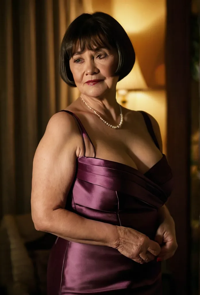 Fat 85 year old woman with large round breasts ((large breasts: 2.5)) wearing satin evening dress, short hair with bangs, 