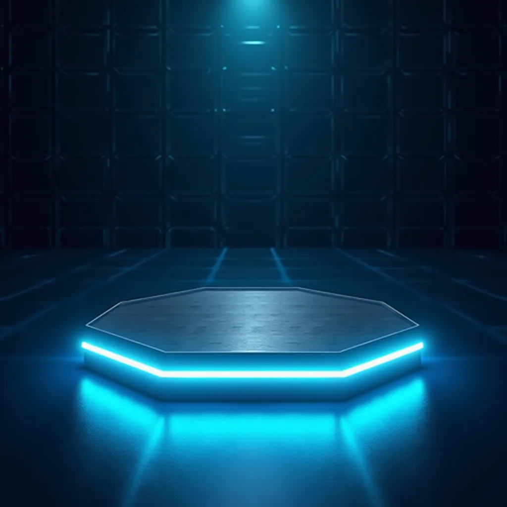 "A futuristic hexagonal platform with a metallic surface, illuminated by glowing blue neon edges. The background features a dark, high-tech grid with a subtle spotlight shining down, creating a sleek and sci-fi atmosphere. Ideal for displaying technology, ...