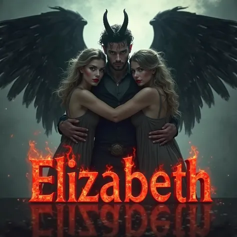 create a realistic style image In the center of the image, a malevolent looking man stands up with a penetrating gaze, his angel wings display a dark glow while demon horns appear from his forehead. you have two women one On his right he is embraced by an ...