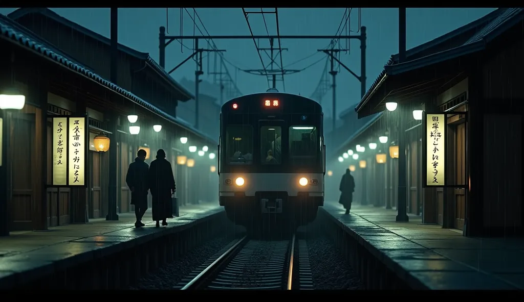 Live action, background is a train station at night in Japan, old Japanese architecture can be seen in the back. It is raining. A signboard says “Kisaragi Station” in Japanese, the previous station is “Yami Station” in Japanese, and the next station is “Ka...