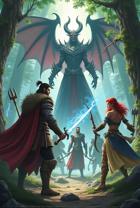 10:41:54 
A handsome warrior with lightening sword with time beard, a beautiful mage with her magic staff, a handsome Archer with daggers, a beautiful orc female in red hairs with two battle axe, demon king like abbadon and satan in background in green for...