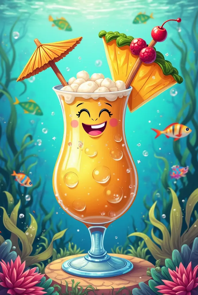 Make a logo based on a piña colada on an animated base that is in the sea carrying ice an umbrella and a cherry with the name of piña paradise 