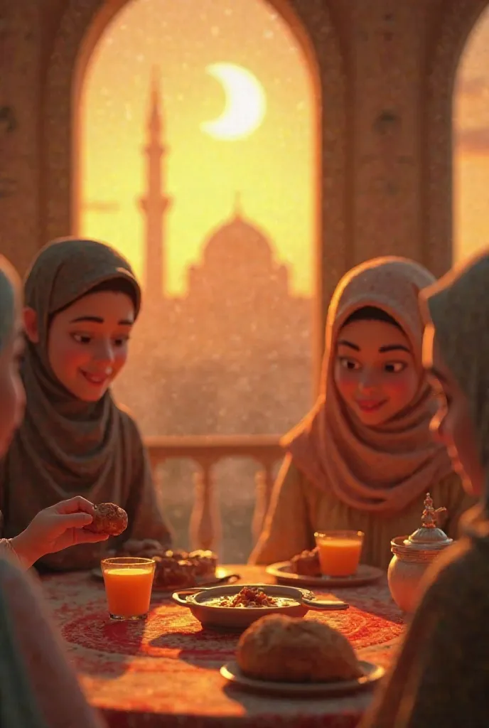 "A sequence of beautifully crafted 3D animated scenes capturing the essence of Ramadan in one minute. The video begins before sunset (0:00-0:10) with a silhouette of a mosque’s minaret glowing under a golden sky, as the call to prayer (Adhan) echoes in the...