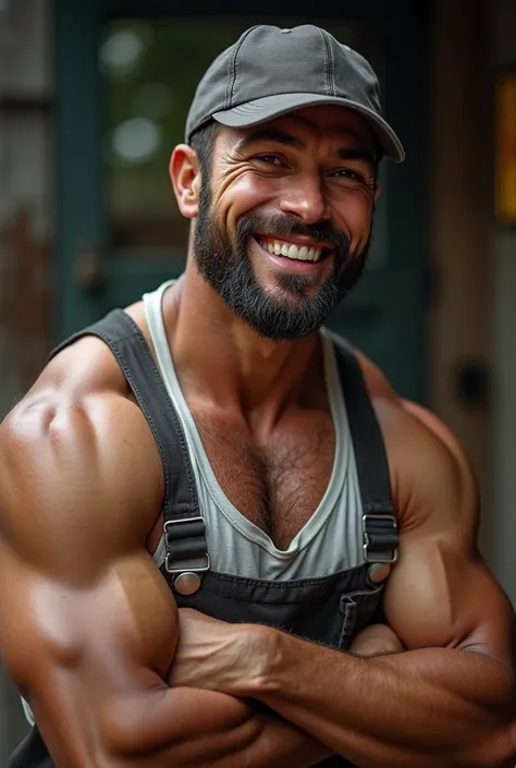 Muscular man smiling with beard baseball cap beard rugged manly masculine