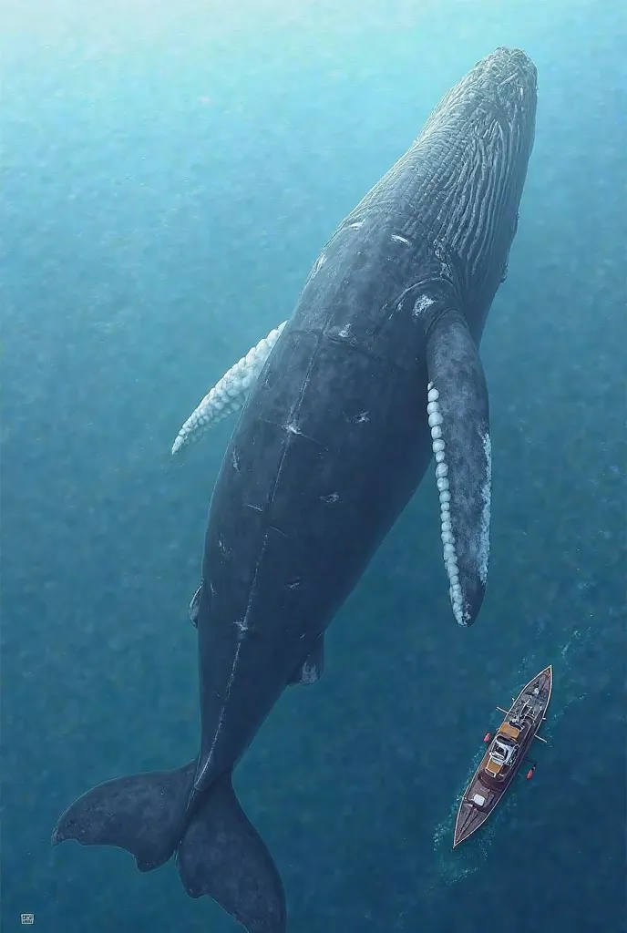 Blue Whale, next to a 23-meter boat, in scale comparison.