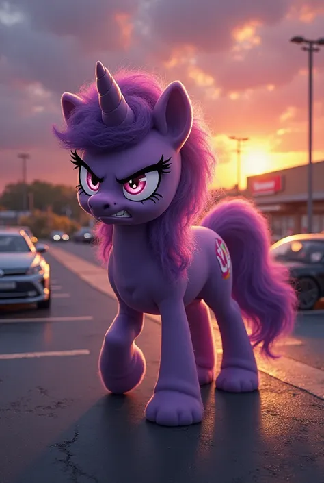 Twilight the pony purple angry . Parking car grocery shop sun . Hey that my spot 