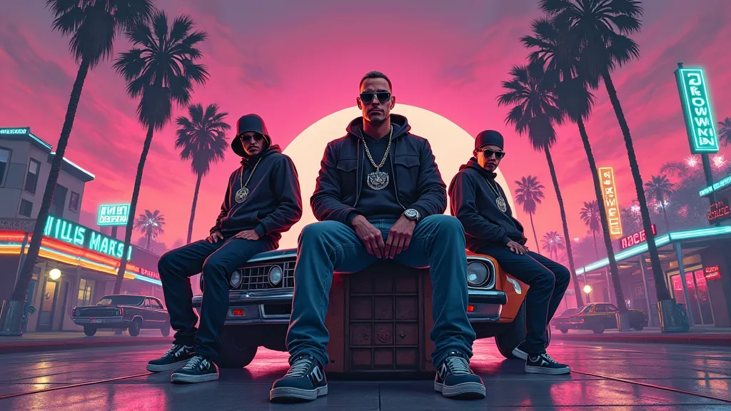 A Grand Theft Auto (GTA) inspired digital artwork featuring three men with a stylish and intense vibe. The central character is sitting on a lowrider car or a crate, exuding confidence, while the two others stand slightly behind him, looking tough. They ar...