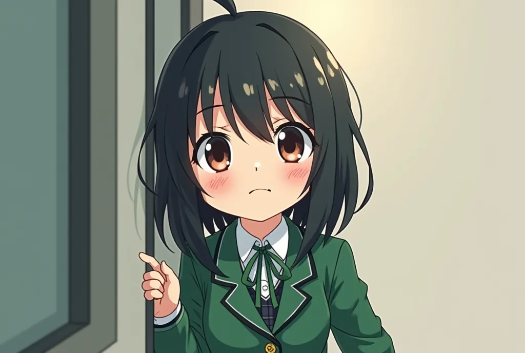 ひょっこり顔を出した　messy medium bob with a sneaky face　High School Girls　cute　Japanese　fine　stupid hair　 black hair　
checked green skirt 　Green blazer　messy medium bob with a sneaky face　high school girl　cute　 fine 　Ahoge　Black Hair 1girl Green ribbon on chest