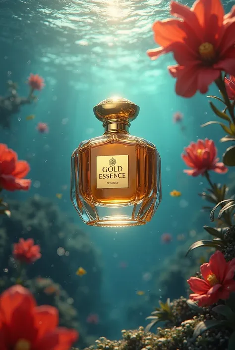 Perfume bottle named gold essence 
Swimming in sea beside a red flowers