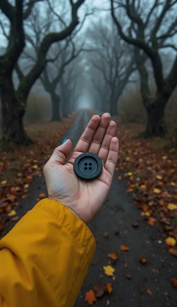 A first-person view (POV) of an open hand, slightly dusty, holding a shiny black button with four holes in the center, identical to the one in the reference image. The button rests on the palm, reflecting a subtle glow from the ambient light.

The sleeve o...