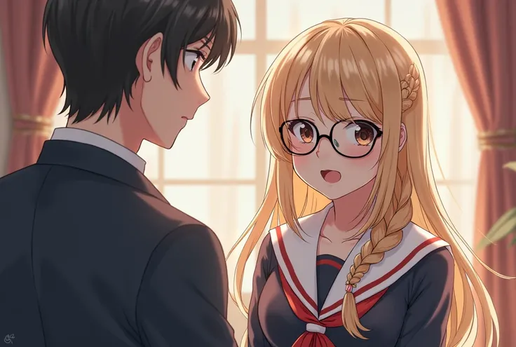 They say they talked to the president　一人のHigh School Girls　(masterpiece), (best quality), 
long blonde hair　glasses　High School Girls　kawaii　Science　( serafuku),(Japanese School Uniform),  asymmetrical bangs that grab the chest
(high quality, 8k, 4K, high ...