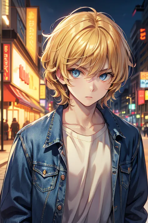 anime boy, handsome face, blonde shaggy hair, blie eyes, casual style with jeans jacket, looking at the viewer, city street background, (ultra detailed eyes), (face detailed), (body detailed), (background detailed), (make clear and good picture), (make 4k ...