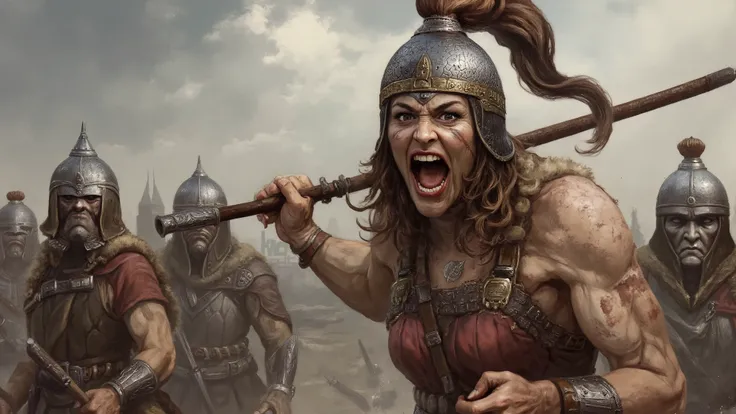 An Amazon warrior is shouting a war cry, with sweat on her face and an expression of fury. She has a scar on her face and is wearing a helmet similar to that of the goddess Athena. The scene is depicted in a realistic style, capturing the intensity and det...
