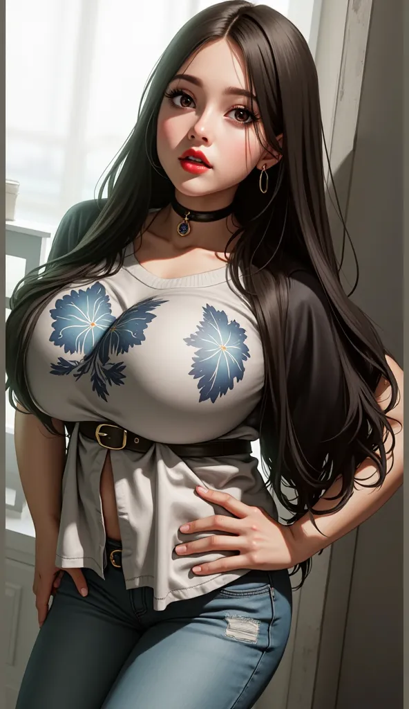 (masterpiece:1.6), (best_quality:1.2), expressive_eyes, seductive_eyes, ultra-detailed_eyes,(perfect_face), 1girl, solo, ultra-detailed_long_hair, black_hair, denim_jeans, long_pants, hands_on_hips, ultra-realistic, (off_shoulder_top_t-shirt), no_bra, shor...