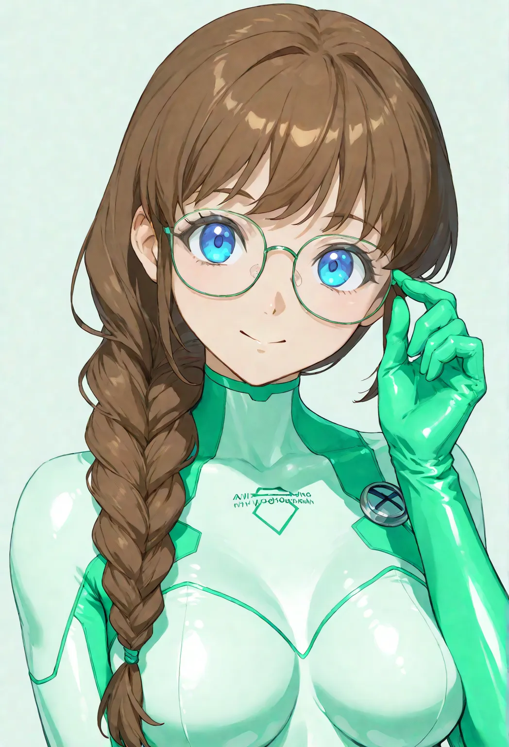 Anime cute young Woman with brown hair in a short braided ponytail over shoulder, with blue eyes, with glasses, in a very tight superhero suit with a green and white color scheme with stripe pattern, with full gloves, top body portrait