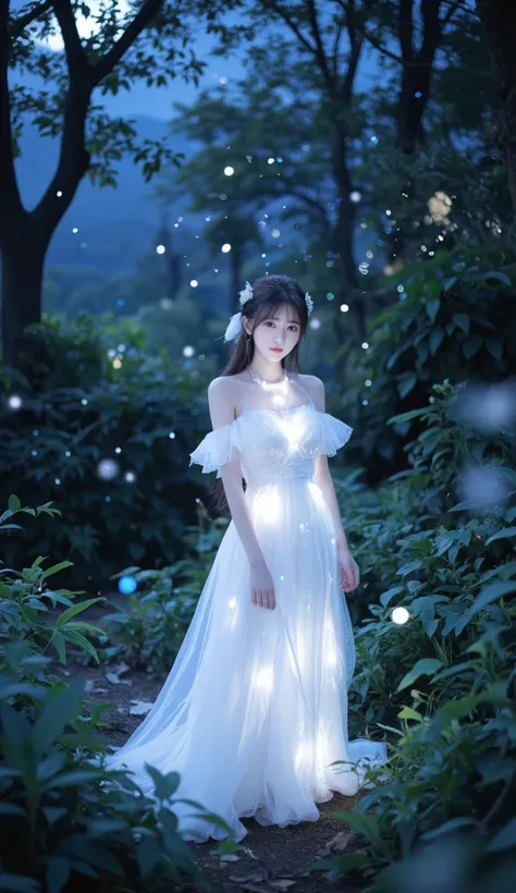  a young woman ，The light of fireflies shines on her hair, Standing in a magical forest at night, A strange light shines in her eyes, Wearing a long dress woven by moonlight, (best quality, 4K,  8,000, High Resolution,  masterpiece:1.2), super detailed, ( ...