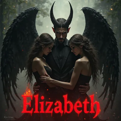 create a realistic style image In the center of the image, a malevolent looking man stands up with a penetrating gaze, his angel wings display a dark glow while demon horns appear from his forehead. you have two women one On his right he is embraced by an ...