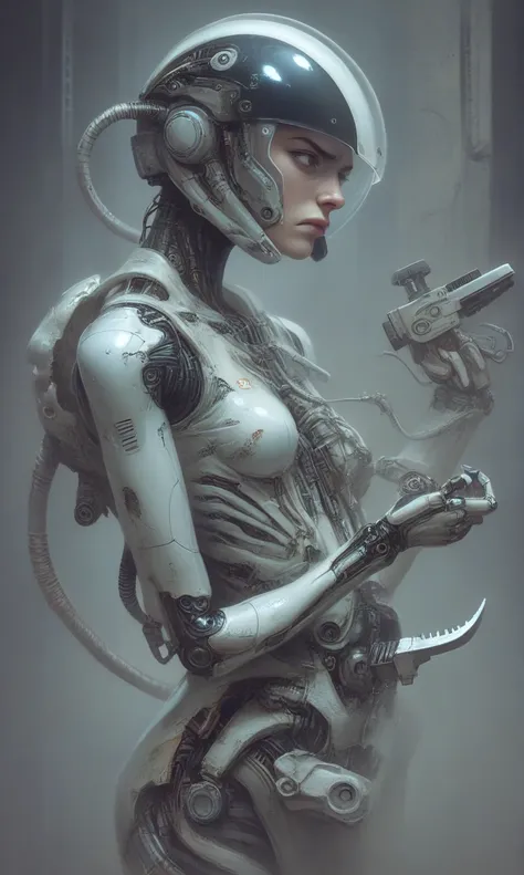 a cyborg that is fully robotic/mechanical except the human brain  that incased in   a  hard transparent head/helmet (acrylic polycarbonate plastic)_ , reveals a human brain floating in amniotic fluid. To him，she was nothing more than a tool，like the weapon...