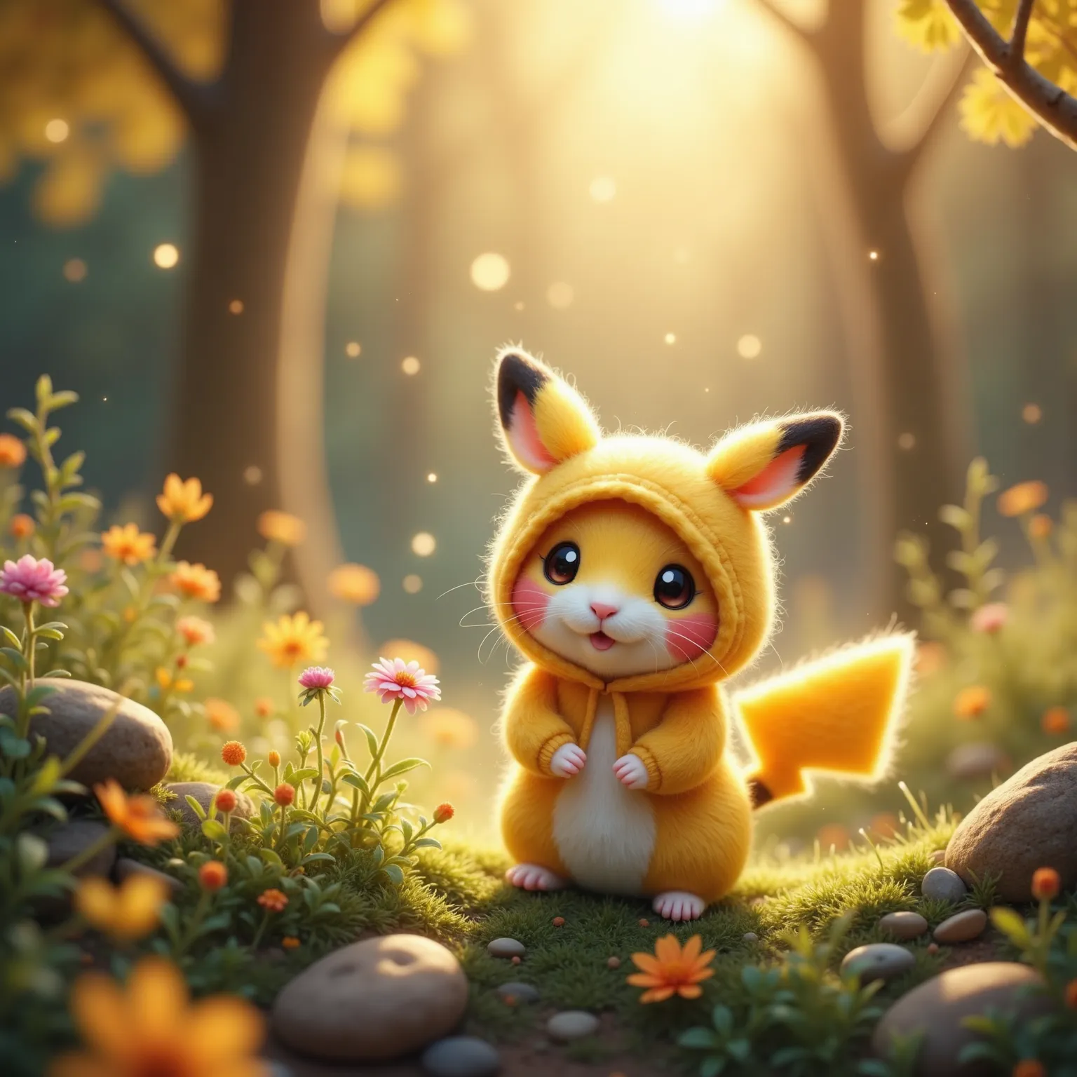 In the heart of the Enchanted Grove, bathed in the dappled, golden sunlight, stands a diminutive figure of whimsy—a wool felt hamster plushie. This minuscule creature, clothed in a Pikachu costume, exudes an aura of innocent delight. Its soft, fluffy form ...