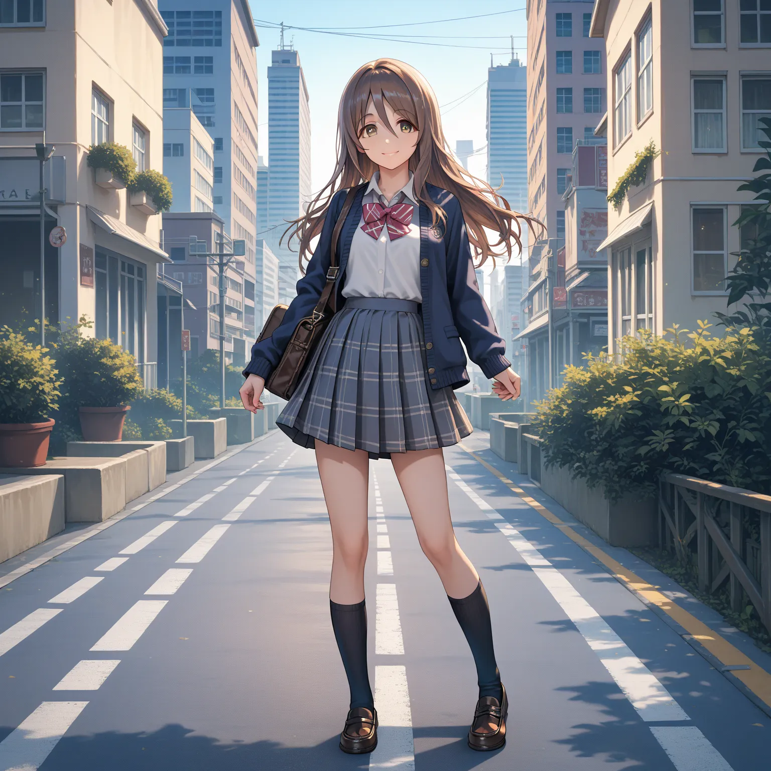 score_9,score_8_up,score_7_up,source_anime,rating_safe,
 shizuru,1girl ,solo,detailed eyes,
brown eyes,lighting eyes,
semi long hair, brown hair,smile,school uniform,dark blue cardigan,white shirt,skirt,black socks,loafers
,city,road