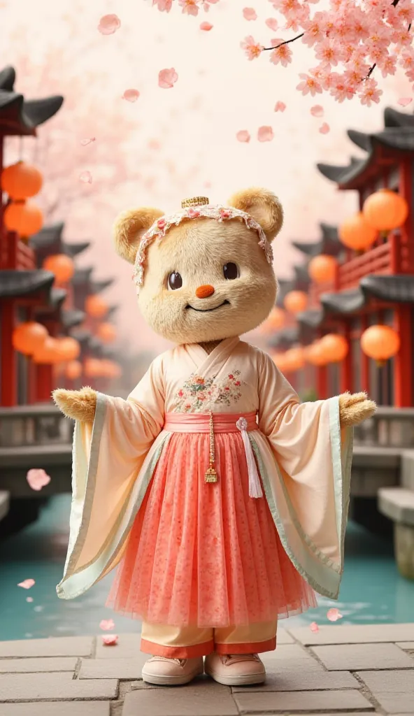 A paper art-style mobile wallpaper featuring ButterBear dressed in a traditional Hanfu, with flowing, layered fabric and intricate patterns, posing gracefully in an ancient Chinese town. ButterBear’s expression is gentle and elegant, with long, flowing sle...