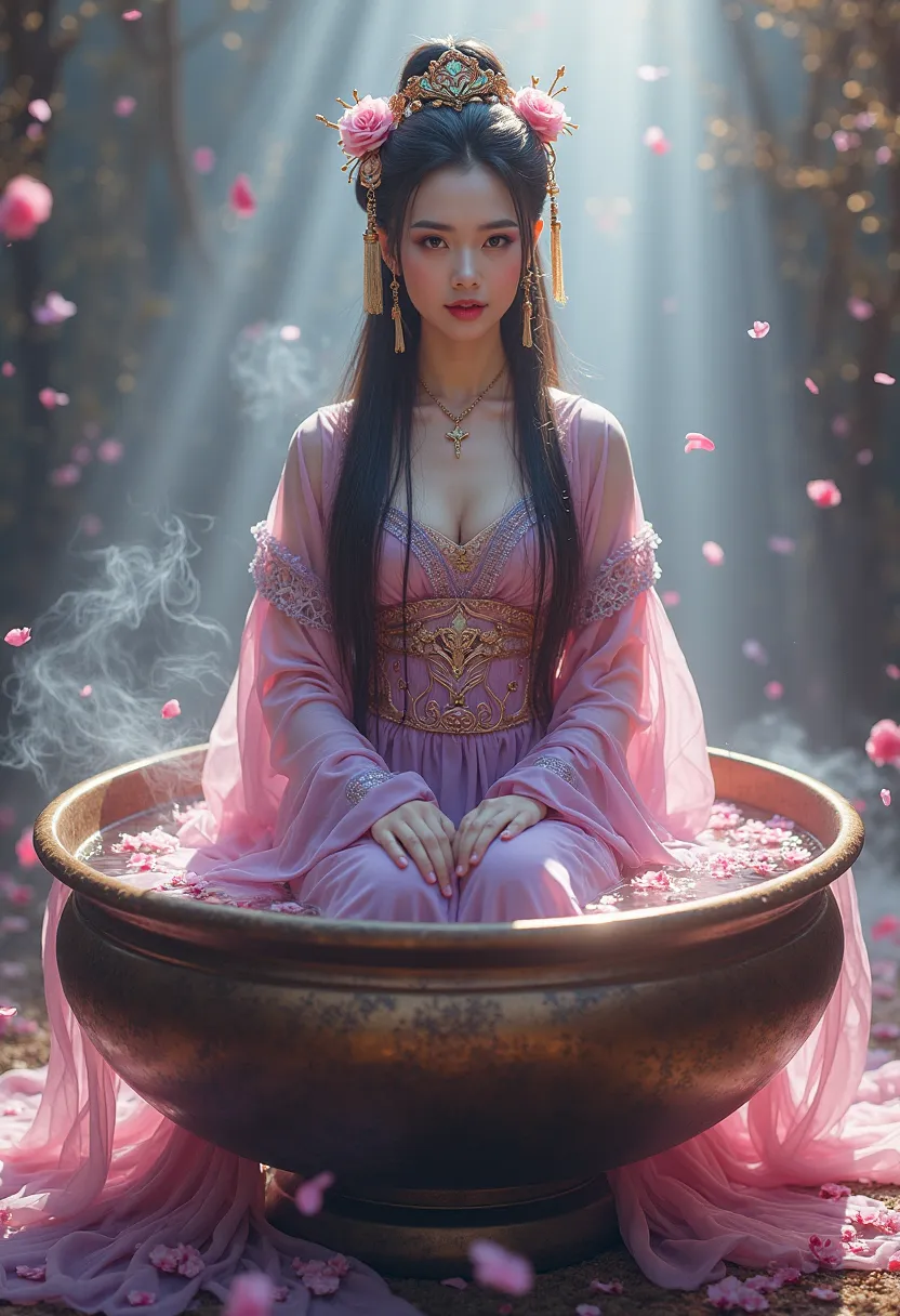 A stunning depiction of Diao Chan, one of the Four Beauties of ancient China, sitting elegantly in a large, ornate bronze bowl filled with water and delicate pink petals. She wears a flowing, translucent silk hanfu in shades of pink and purple, adorned wit...