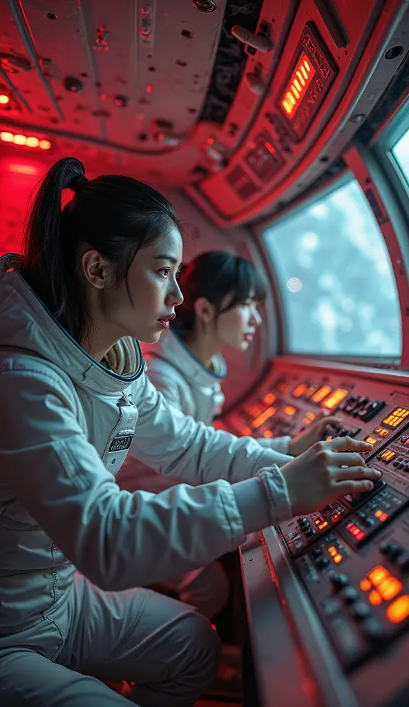 two korean spaceship pilots female and male tense fear can not control the plane very realistic image