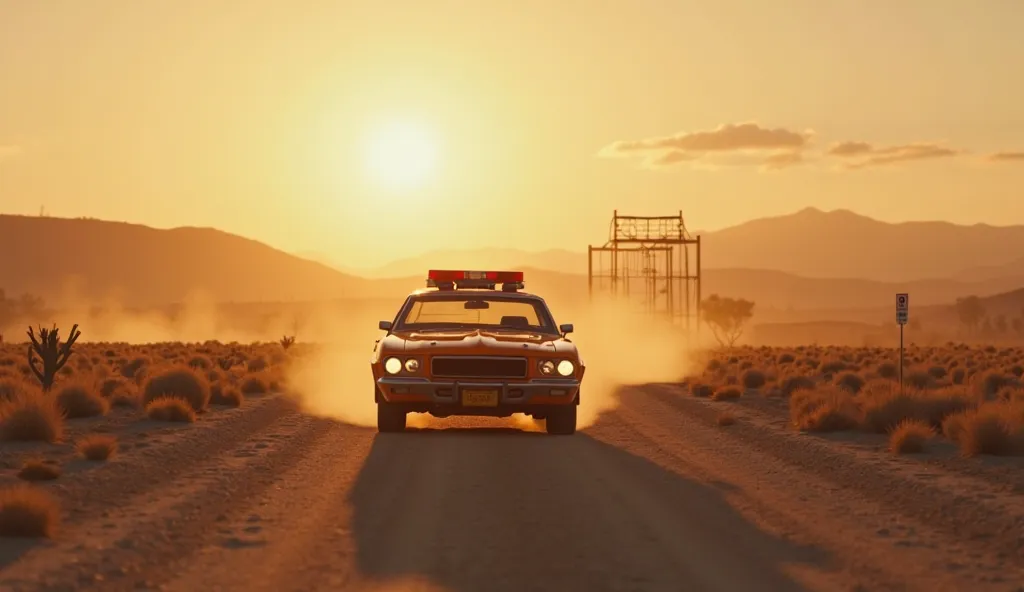 16:9 wideshot a police orange color car drives through a destered area in long we could see the jail wall where the car is going, evening time 