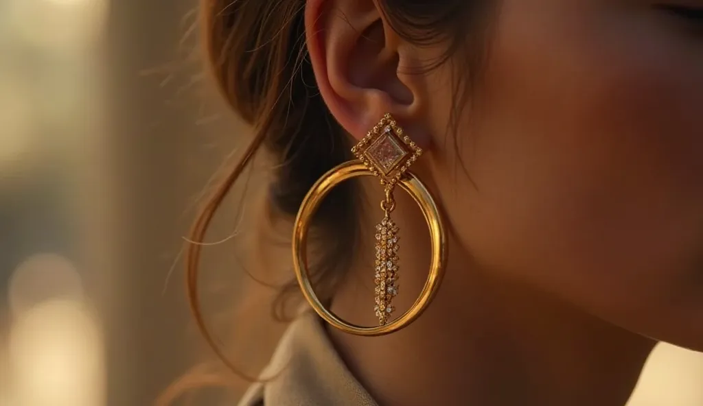 A woman ear wearing a golden ear ring with a golden cube attached to the ear ring on inferior side