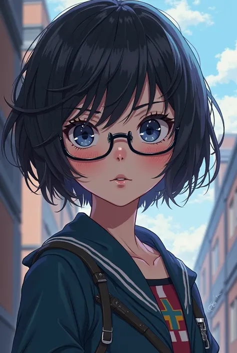 a girl with short black hair,  with dark blue eyes , thin lenses, white skin, And that it carries the report of the anime of Boku No Hero