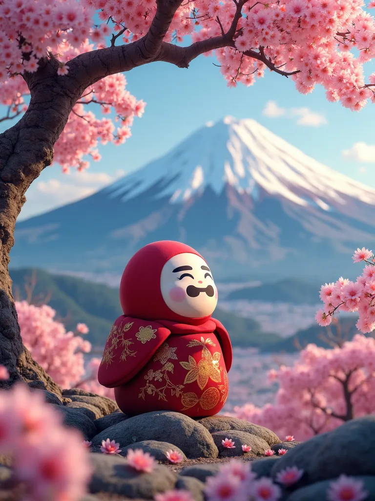 Red daruma looking at Mt. Fuji　Cherry Tree