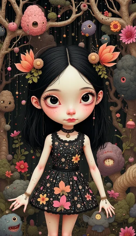 young woman、Tim Burton style、dynamic composition、Lively decorations、