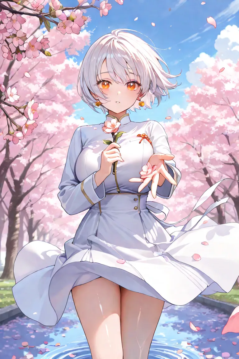 kawaii,cute one girl,  (silver short hair: 1.2), (shiny orange eyes: 1.2), big breasts ,branch, cherry blossoms, cloud, day, earrings, falling leaves, falling petals, flower, graduation, hanami, holding flower, jewelry, leaves in wind, long sleeves, lookin...