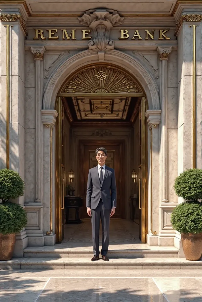 A large beautiful entrance with the inscription Ememem BANK where a neat employee meets at the entrance.