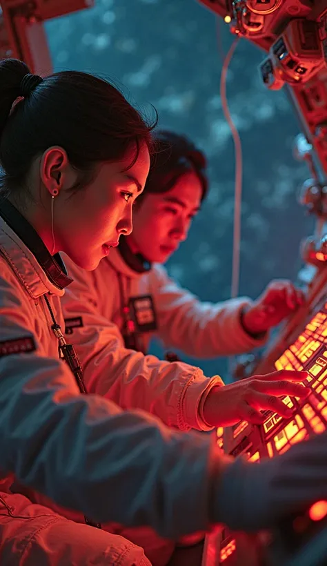 two korean spaceship pilots female and male tense fear can not control the plane very realistic image