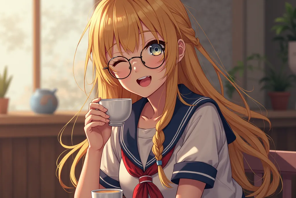 Wink while drinking tea　　一人のHigh School Girls　(masterpiece), (best quality), long blonde hair　glasses　High School Girls　kawaii　Science　( serafuku),(Japanese School Uniform),  asymmetrical bangs that grab the chest (high quality, 8k, 4K, high contrast, mast...