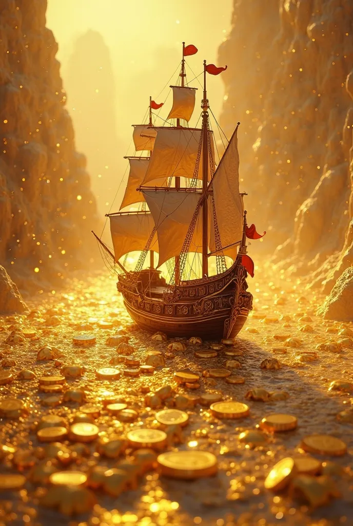 A ship swims between gold coins 