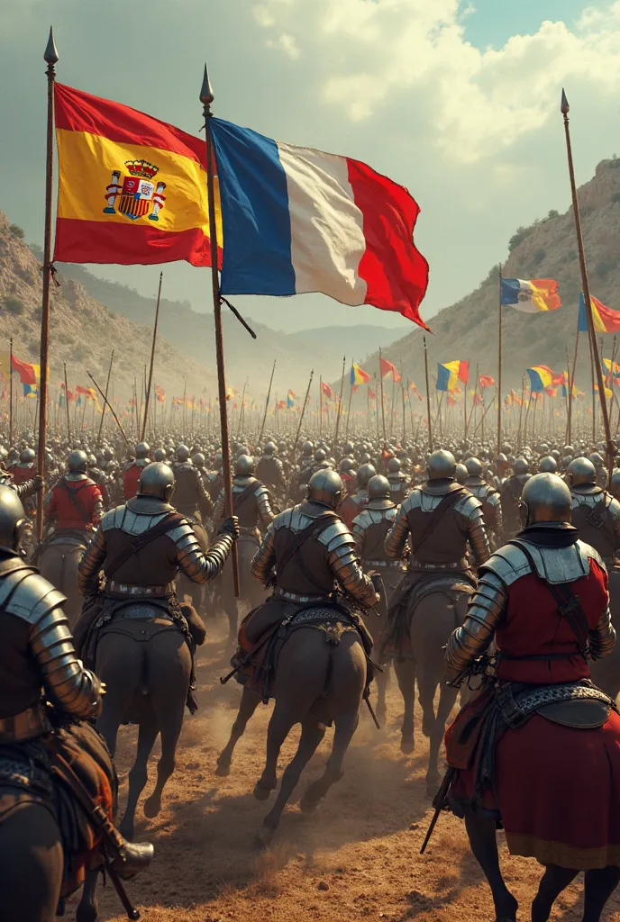 Hyperrealistic analog image of a medieval battle. An army carries Spanish flags and the San Andrés Cross, And another army French flags