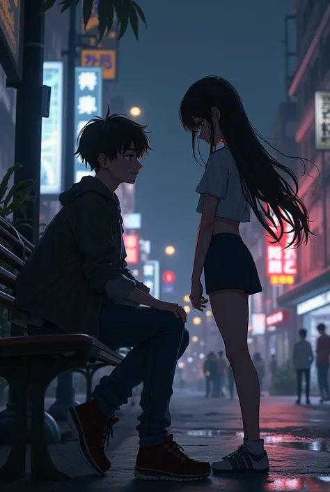 A girl on the right side in a short shirt with long hair, a boy on the right side, sitting on a bench with his back, in an urban environment and at night 