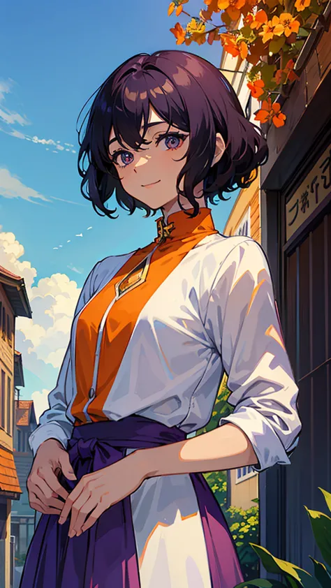 anime, blue sky、 everyday wear、A beautiful young man with curly hair like a woman with short bob hair and an elementary school boy、dark brown skin、orange and lapis hair、smile、Big cat eyes、purple high neck shirt、Don&#39;t show your breasts、white long skirt、...