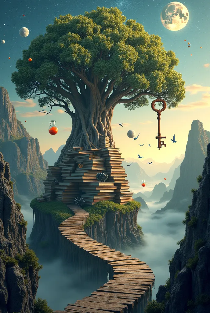 "A surreal dreamscape featuring an ancient tree with roots deeply embedded in mist-covered mountains. The tree's branches hold a massive, ornate key fused with stacks of old books, symbolizing the unlocking of knowledge. A winding bridge leads travelers to...