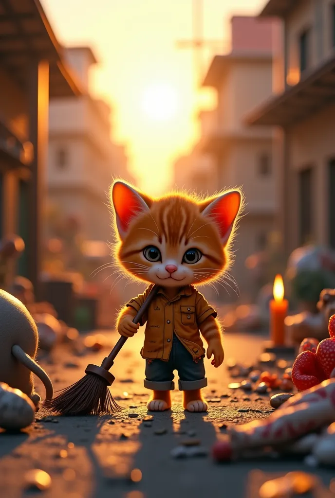 The little kitten a"A cute little orange kitten in a torn shirt is working hard outdoors. He's picking up a lot of trash in his hands and clearing the street. He's sweeping the streets with a determined look on his face. The sun is setting and the city aro...