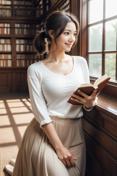 (8k, RAW photo, photorealistic, HQ, masterpiece, Brightly exposed photo), (Very elegant and beautiful, Perfect detail, Super detailed), a cute Japanese woman, (glowing eyes), 
(light smile), brown hair, low tied ponytail, (T-shirt, light jacket, Maxi Skirt...