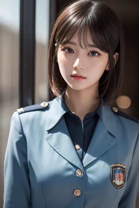 ( Highest Resolution , clear_ images) best quality , single person , one woman, Alone, Masterpiece, very detailed, semi-realistic , Short Black Hair , black hair, bangs, 18 years old, mature, light blue uniform, uniform, Indoor Background, kind, Dignified,...