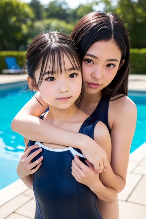 highest quality,  Ultra High Resolution、realistic skin、 pool、Japanese、((2 cute middle school girls)、(( Low))、(( body type))、(( small tits))、 black hair、brown eyes、school swimsuit、 Costume、 hugging from behind 