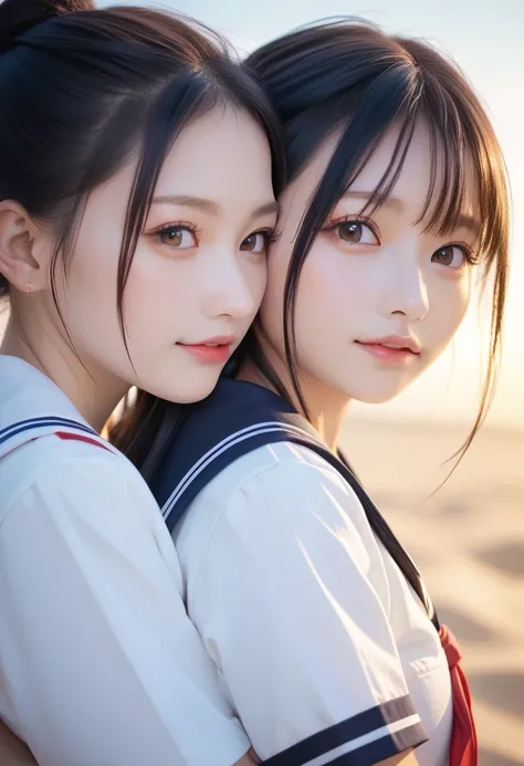 Riding,Riding位,Riding位,two hugging each other while standing ,long hair , straight hair , round face ,bust up , sailor suit , as shown in the picture , Golden sand beach at sunset ,