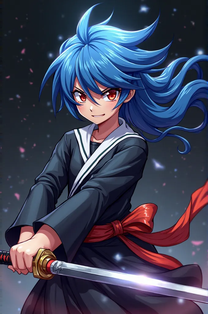 "A blue-haired anime boy with striking red eyes wielding a katana. His hair flows dynamically, matching the intense motion of his stance. He wears a black and white school uniform with a red and orange ribbon tied around his waist. The background is dark, ...